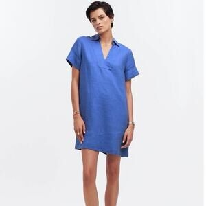NWT Madewell V-Neck Mini Dress in 100% Linen Blue Star Size XXS